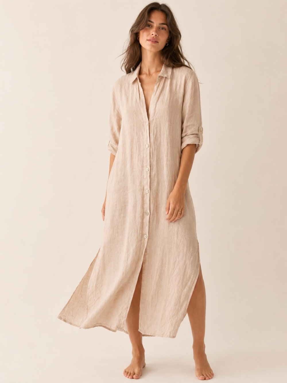 Zara 100% Linen Button Front Midi Shirt Dress Beige Medium